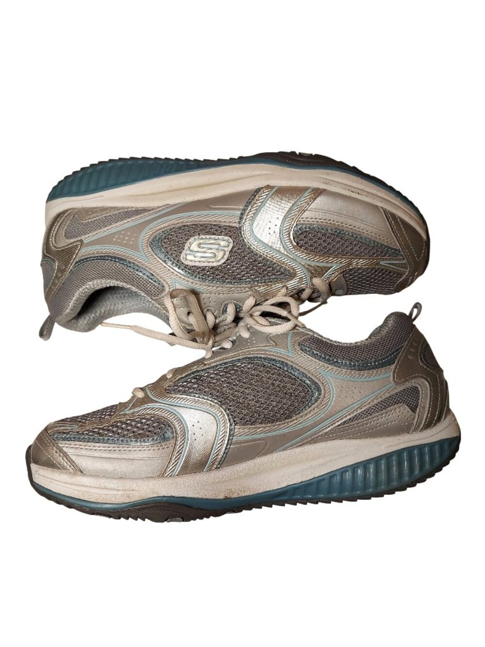 Sketchers Shape up Womens 9.5 blue white leather fly knit toning #SN 12320
